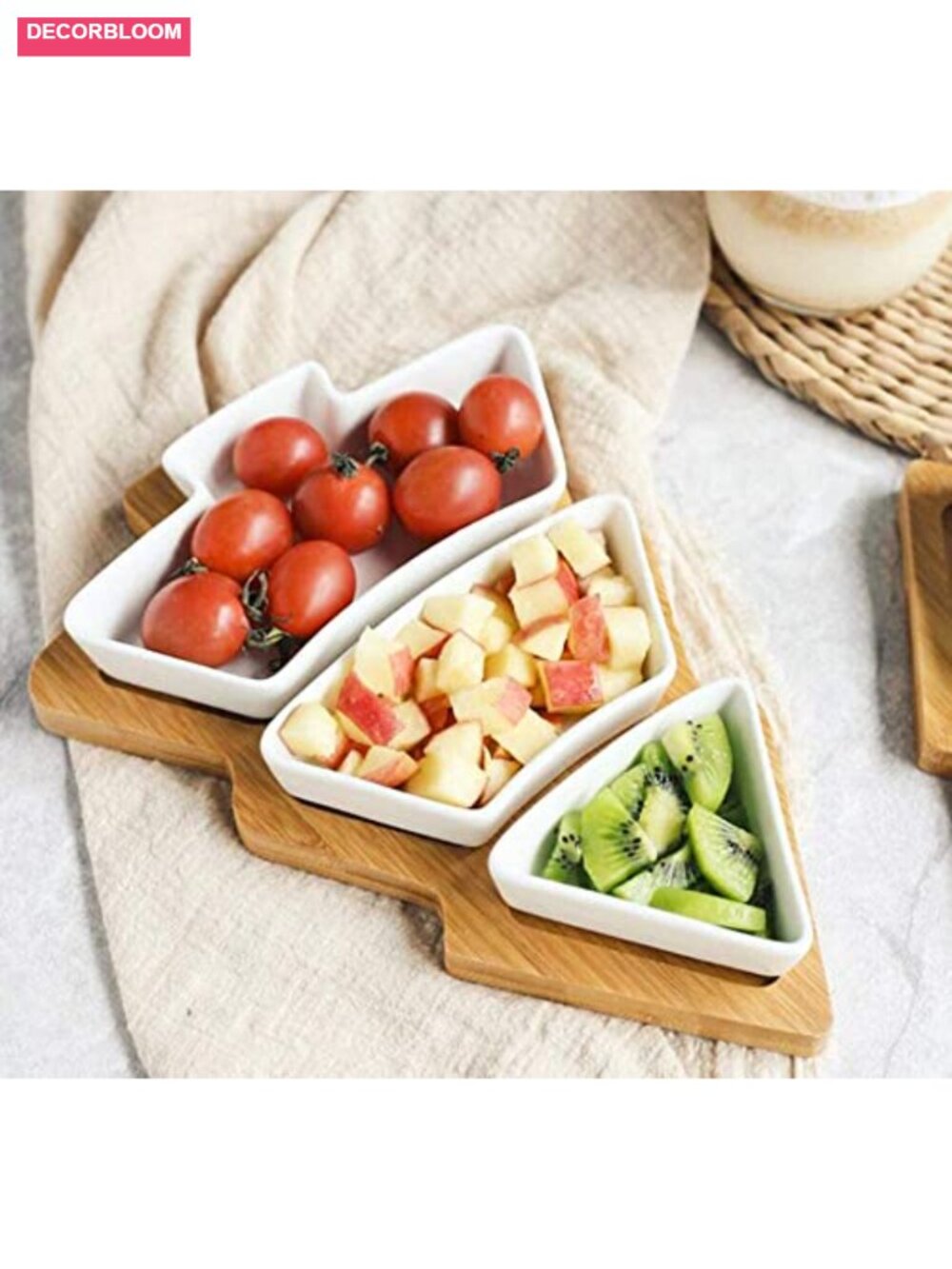 Christmas Tree Chip & Dip Set Porcelain Plate With Bamboo Tray 11 Inch